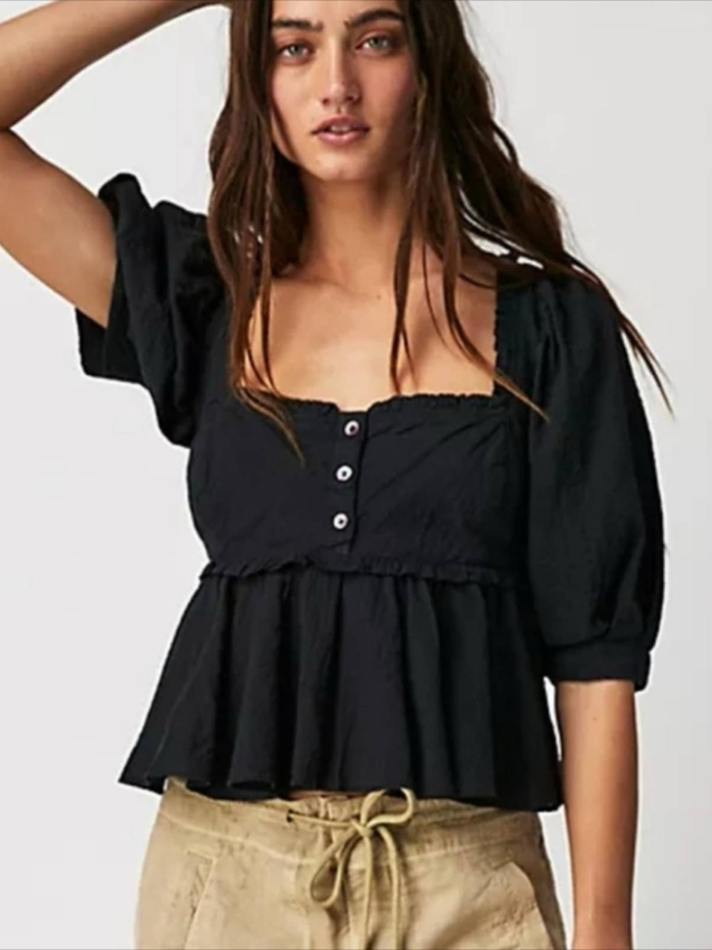 Free People Black Peplum Puff-Sleeve Button-Front Top